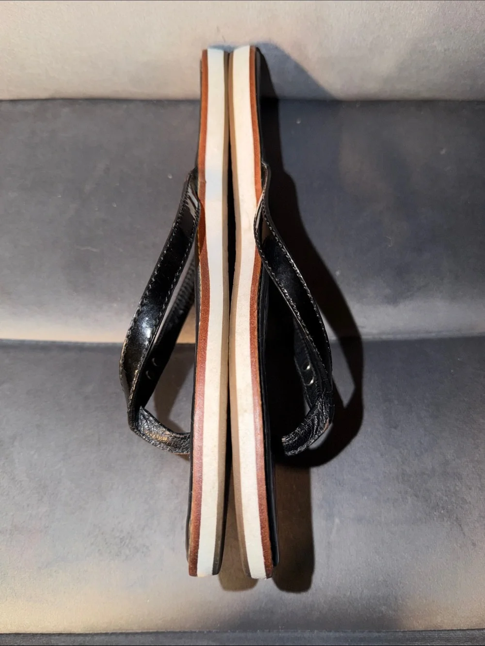 Coach Black Logo Embossed Flip Flop Sandals with Tan Trim size 9
